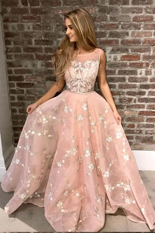 Stylish A-Line Round Neck Pink Prom Dresses with Lace Appliques Online OKA44