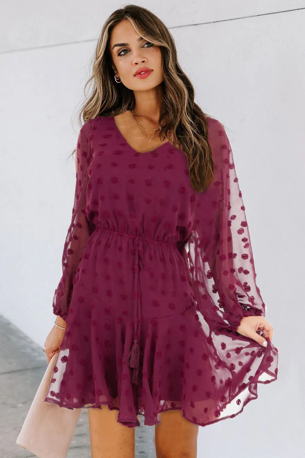 Swiss Dot Long Sleeve Mini Dress with Waist Tie