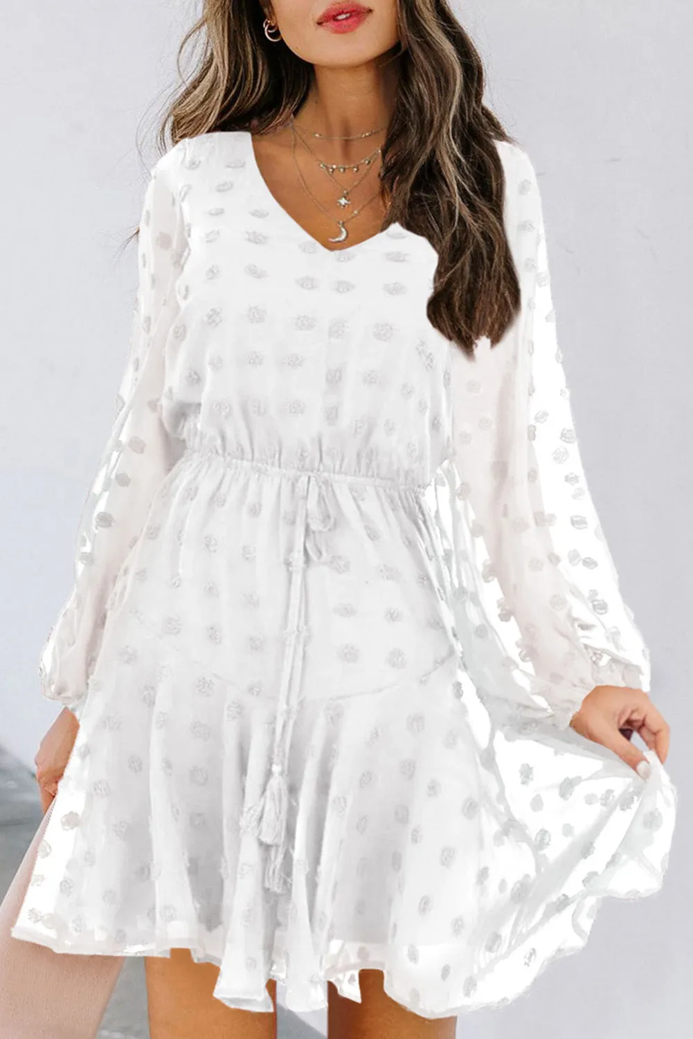 Swiss Dot Long Sleeve Mini Dress with Waist Tie