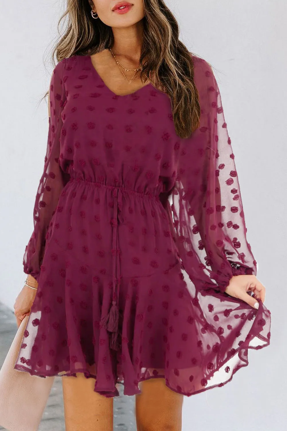 Swiss Dot Long Sleeve Mini Dress with Waist Tie