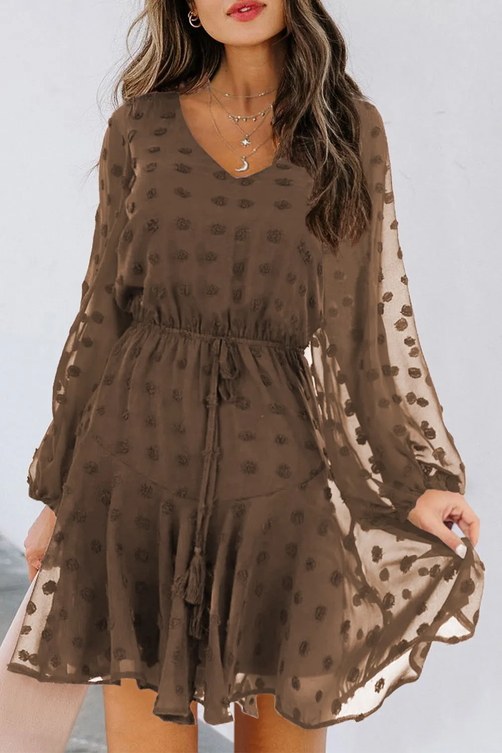 Swiss Dot Long Sleeve Mini Dress with Waist Tie