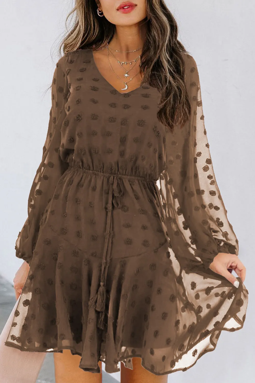Swiss Dot Long Sleeve Mini Dress with Waist Tie