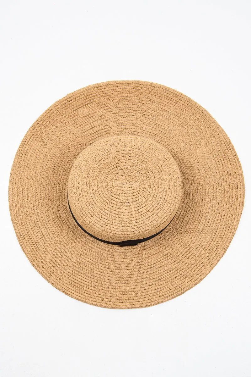 Tan Woven Ribbon Detail Beach Hat - Jamilet