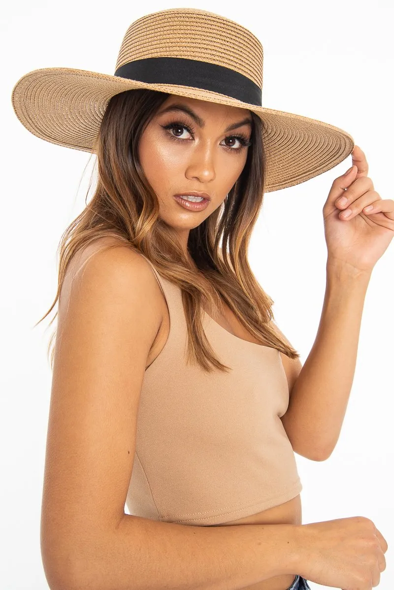 Tan Woven Ribbon Detail Beach Hat - Jamilet
