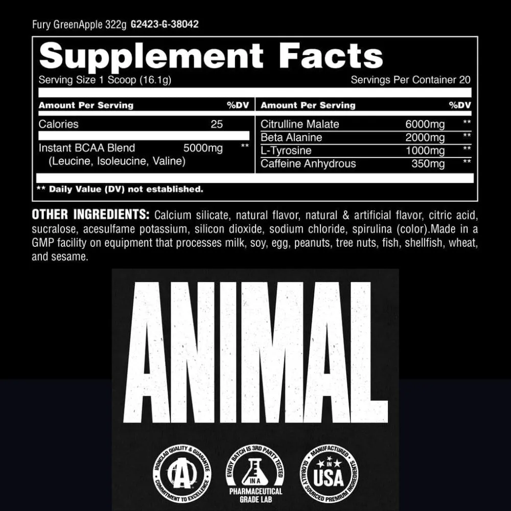 Universal Animal Fury Pre-Workout 20srv (350mg Caffeine, BCAAs, Citrulline, Beta Alanine)