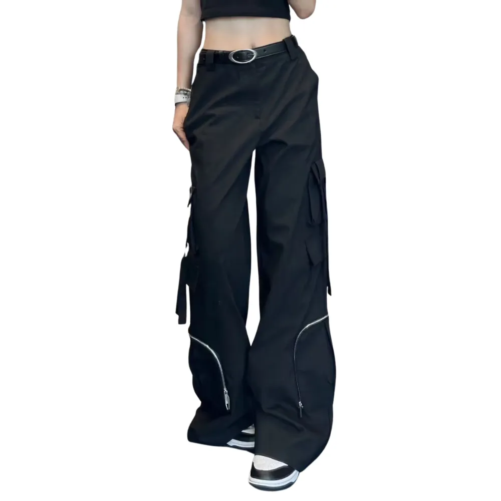 Women's American Solid Color Multi-Pocket Pants