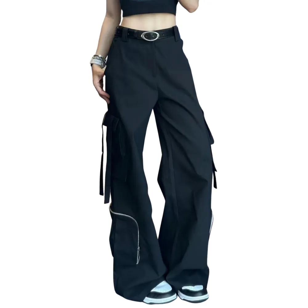Women's American Solid Color Multi-Pocket Pants