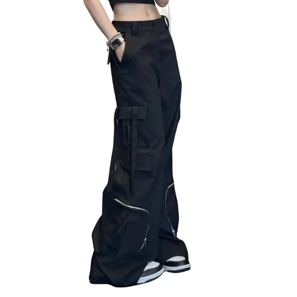 Women's American Solid Color Multi-Pocket Pants
