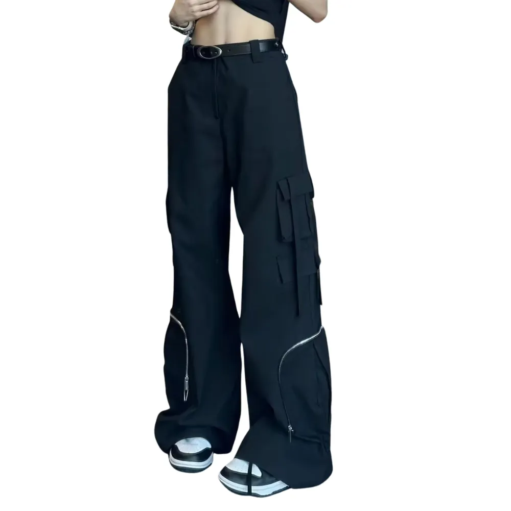 Women's American Solid Color Multi-Pocket Pants