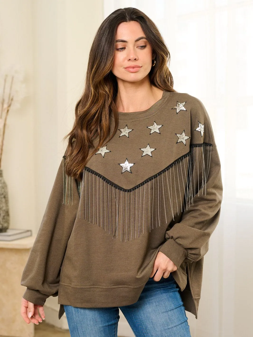 WOMEN'S LONG SLEEVE OVERSIZED STARS FRINGE TOP