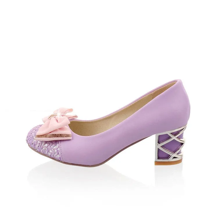 Women's Rhinestone Bowtie Chunky Heel Pumps