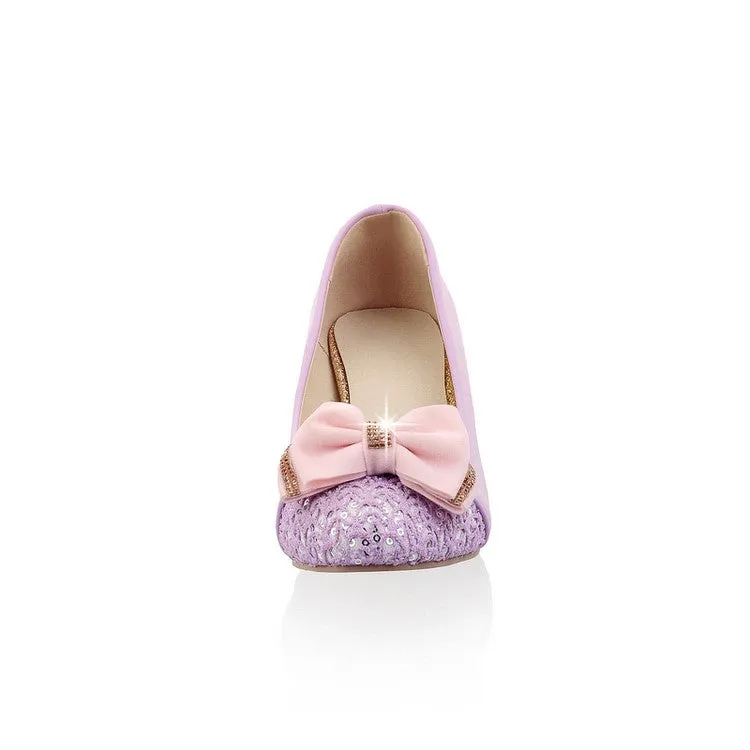 Women's Rhinestone Bowtie Chunky Heel Pumps