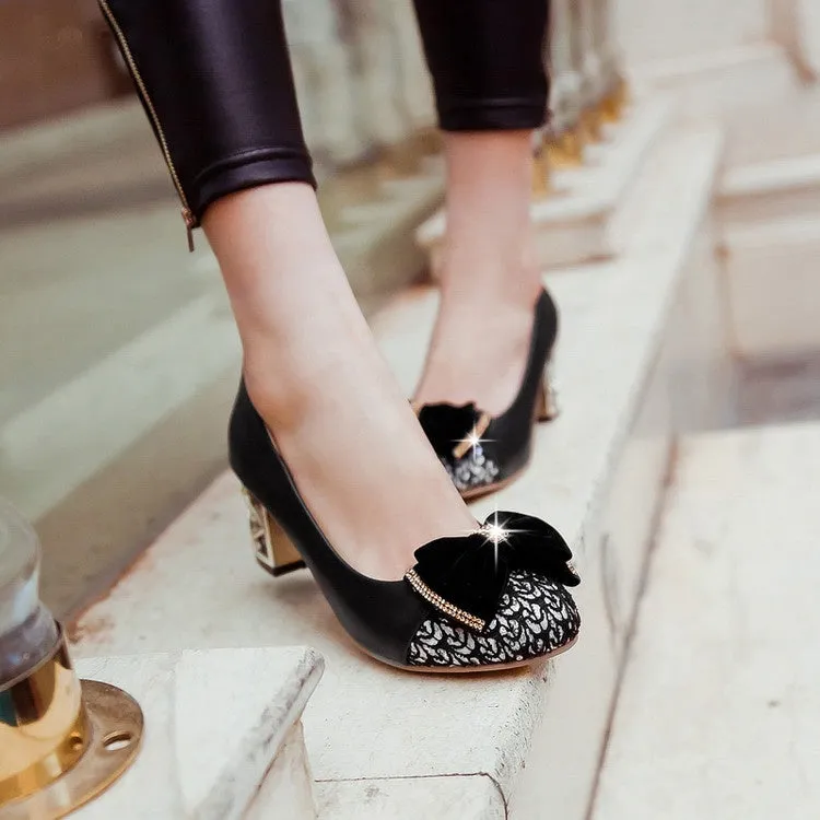 Women's Rhinestone Bowtie Chunky Heel Pumps