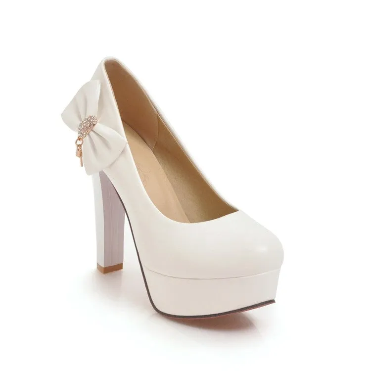 Women's Rhinestone Bowtie Chunky High Heel Platform Pumps
