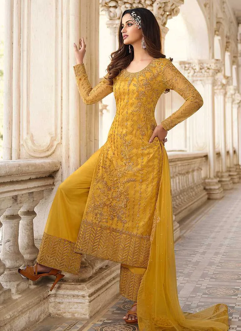 Yellow Heavy Embroidered Stylish Palazzo Suit
